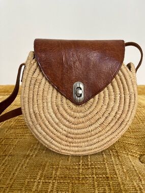 Woven Round Bag with Brown Leather Flap